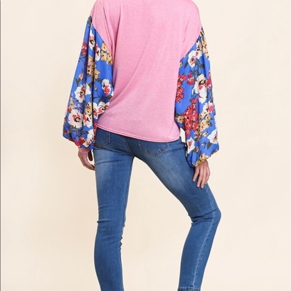 Floral Long Puff Sleeve Knit V-Neck Criss Cross Front Top-Pink - Picture 4 of 4